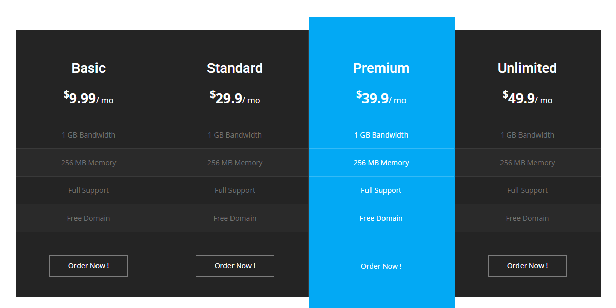 Dark Pricing Table